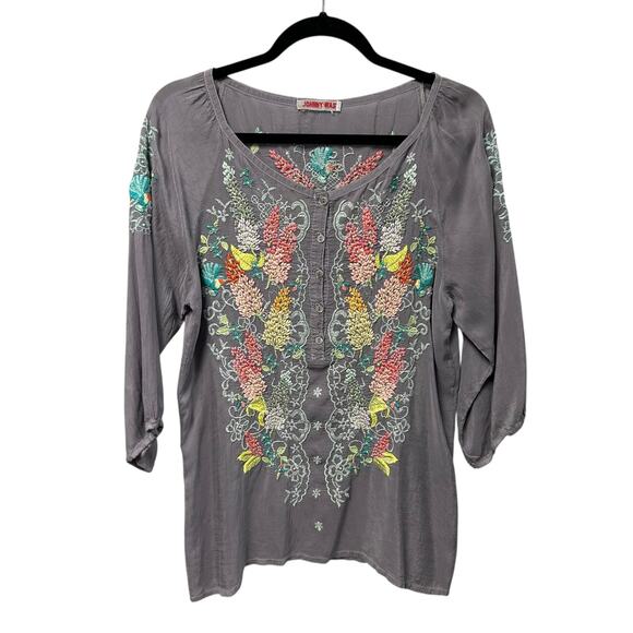 Johnny Was Gray Multicolor Floral Print 3/4 Sleeve Button Front Top Womens Small - Picture 2 of 5